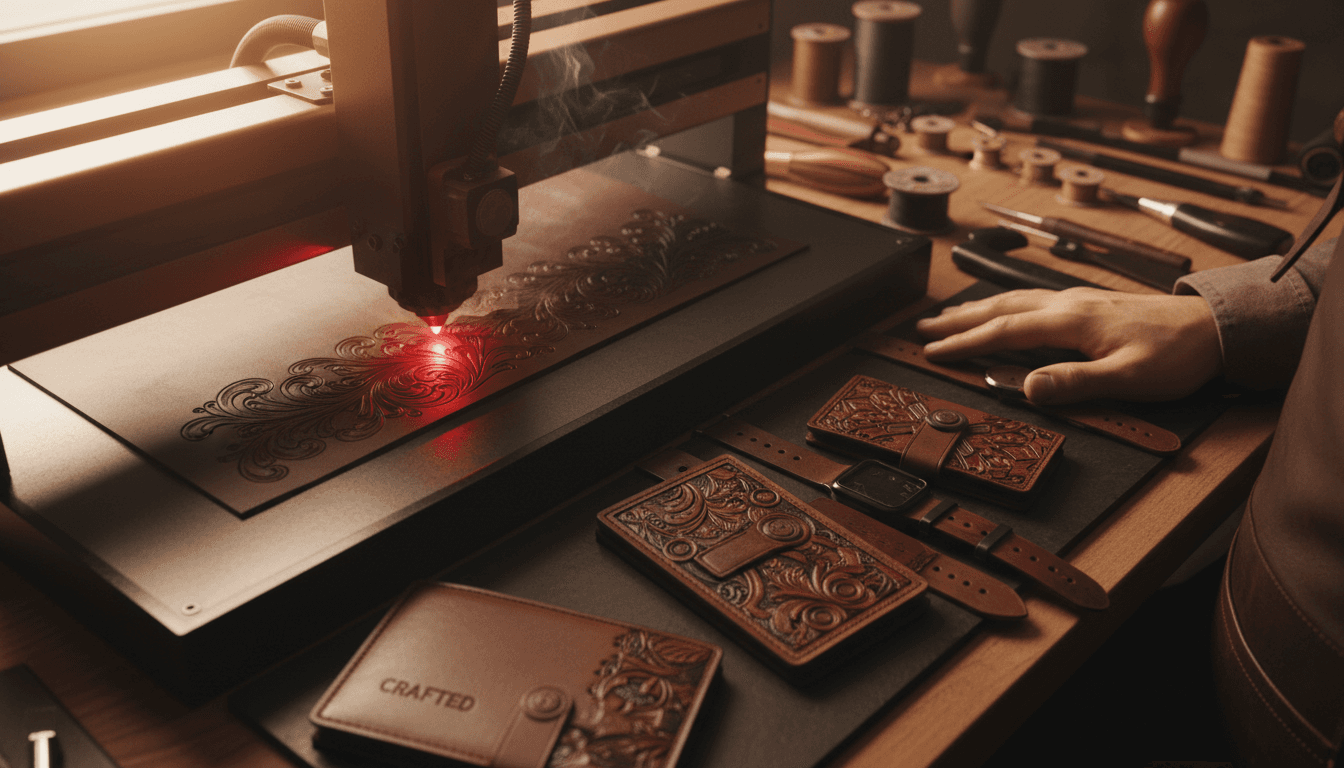 Laser engraving machine precisely engraving a personalized design onto brown leather at 555|ONE|5