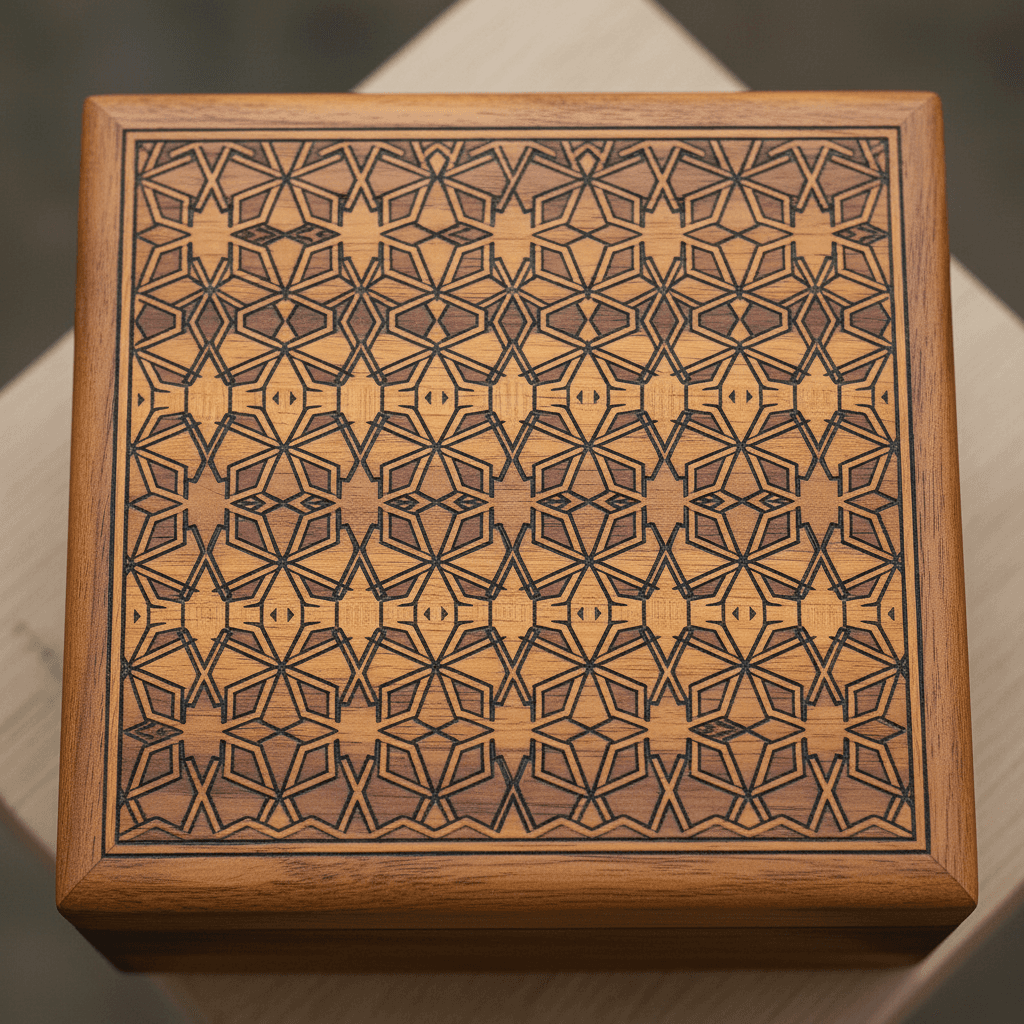 Wooden keepsake box with geometric laser engraving