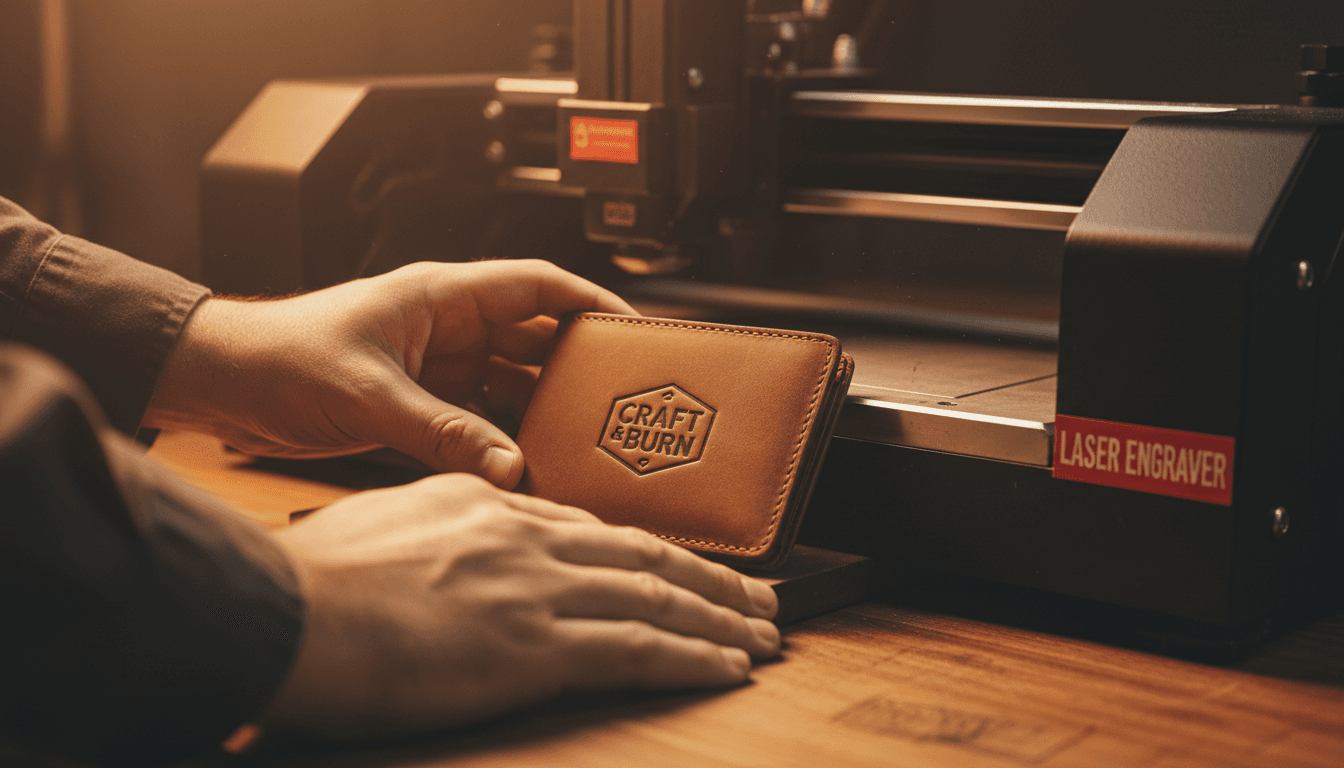 Close-up of artisan hands positioning a custom item for laser engraving in a Harrisburg workshop