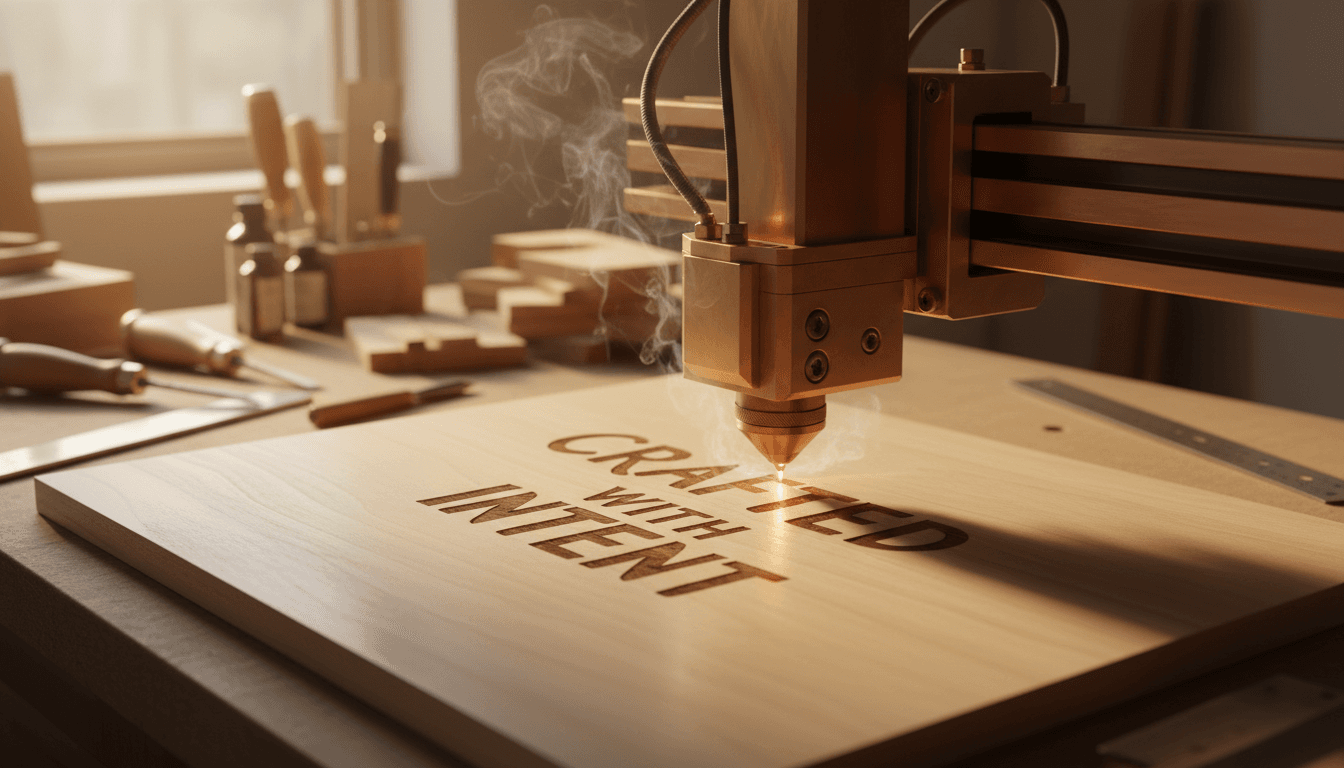 Laser engraving machine precisely engraving custom text onto a wooden plaque in a Harrisburg workshop