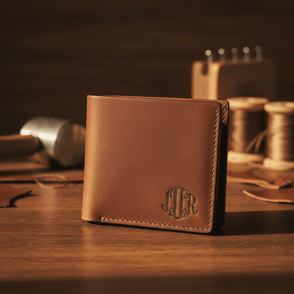 Leather wallet with laser-engraved monogram