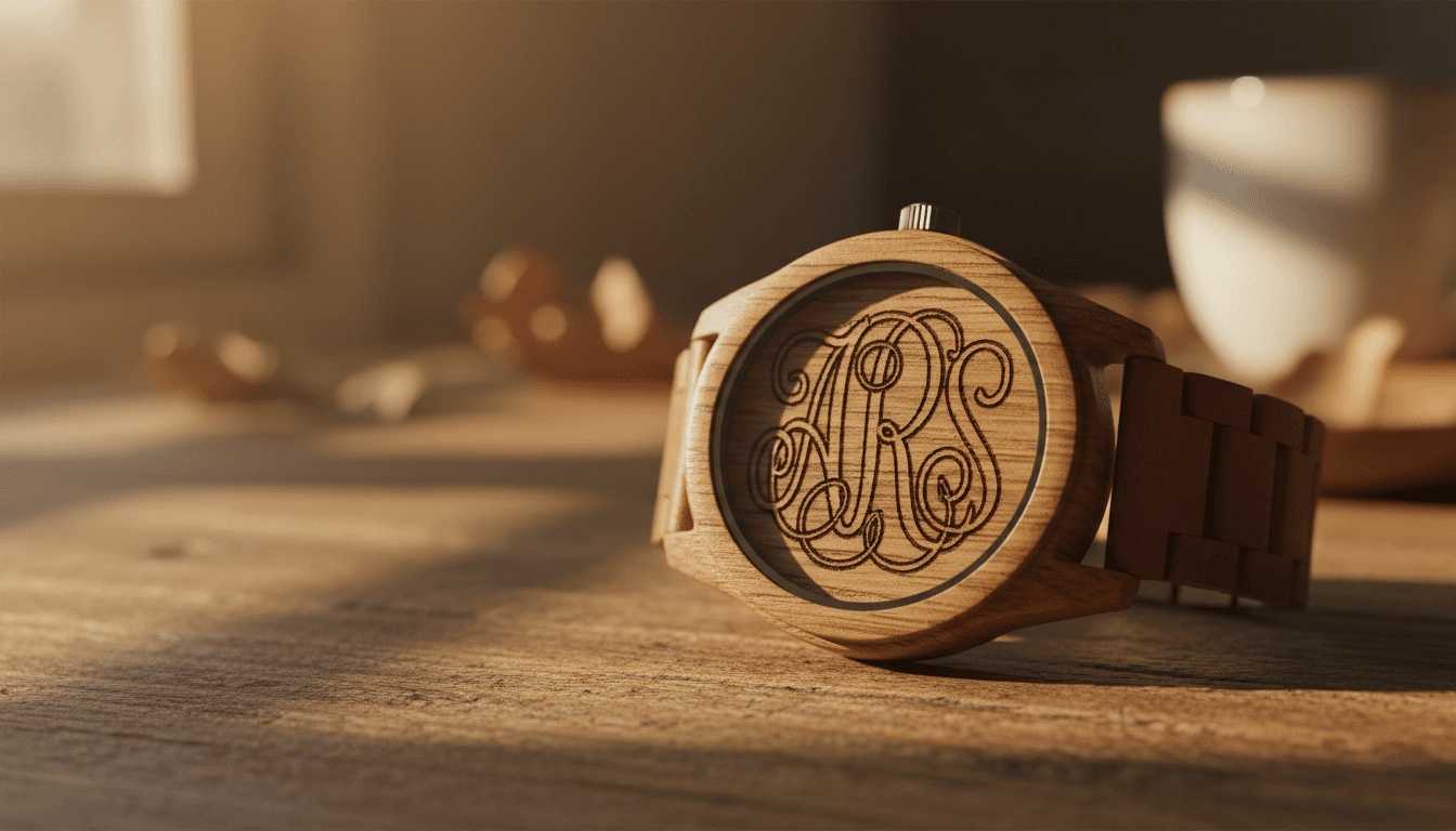 Close-up of a custom laser-engraved wooden watch with detailed personalization