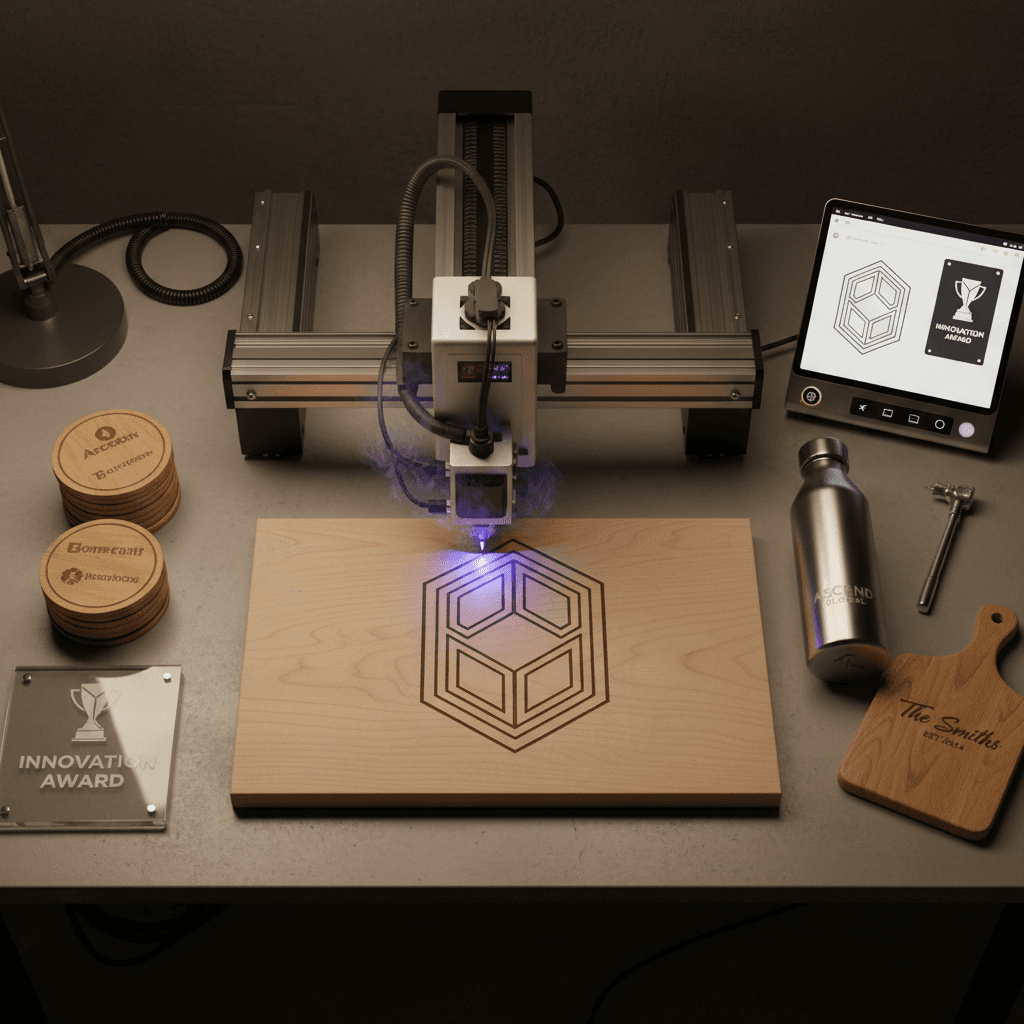 Laser engraving machine creating custom detailed designs on wooden material with finished personalized items visible