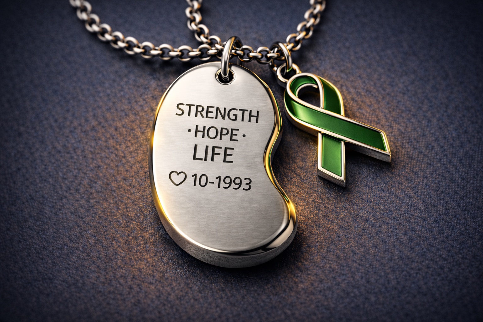 Kidney shaped CKD awareness pendant with green ribbon