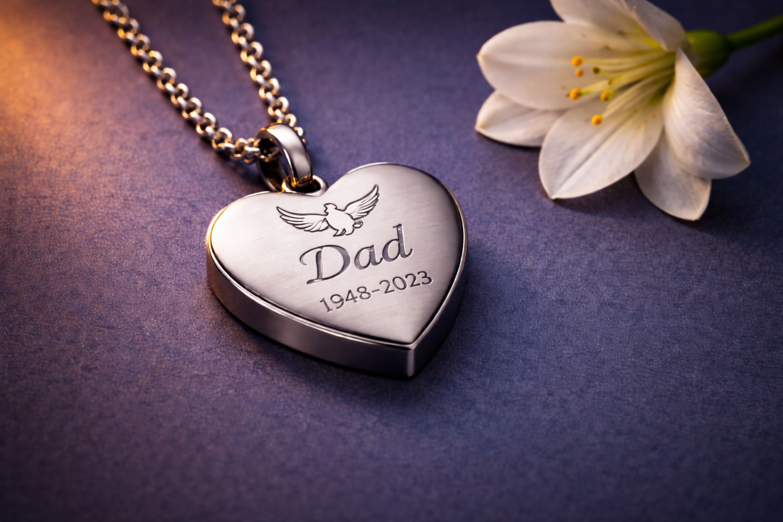 Engraved memorial heart pendant with white flower