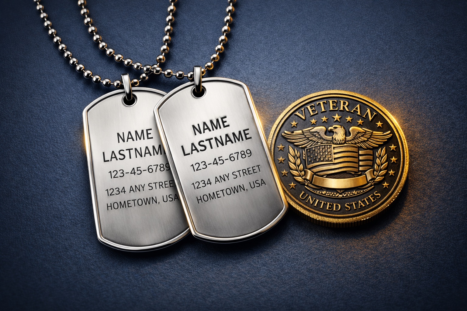 Engraved military dog tags and veteran challenge coin