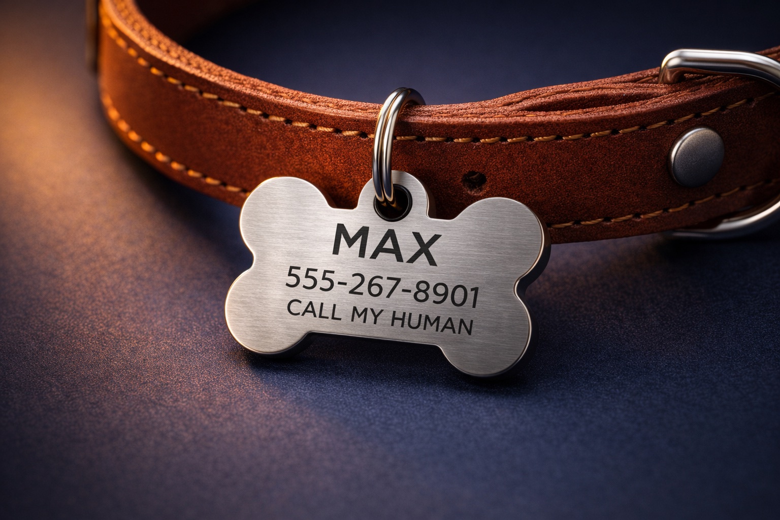 Engraved pet ID tag on leather collar