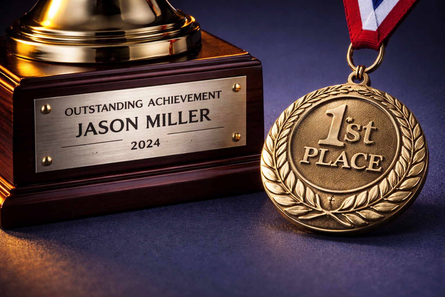 Engraved trophy and achievement medal